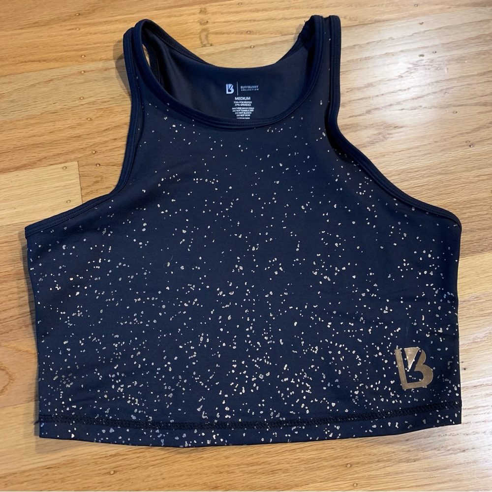 Buff Bunny Aurora crop top in black with rose gold speckles